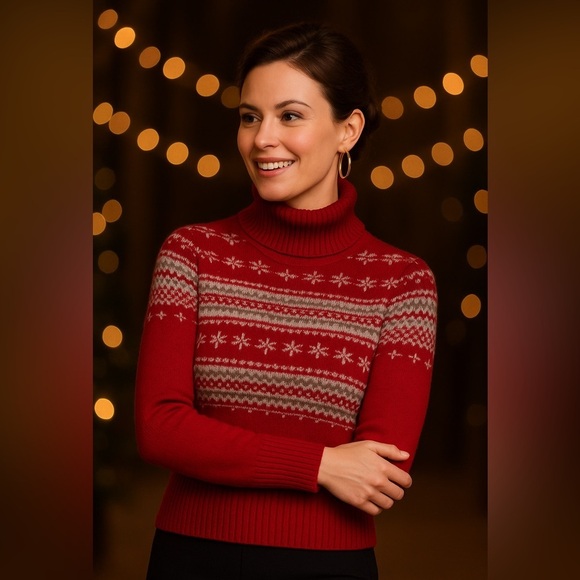 Cozy Red Fair Isle Turtleneck Sweater – Soft Wool Blend with Angora, Size XL - Picture 8 of 8
